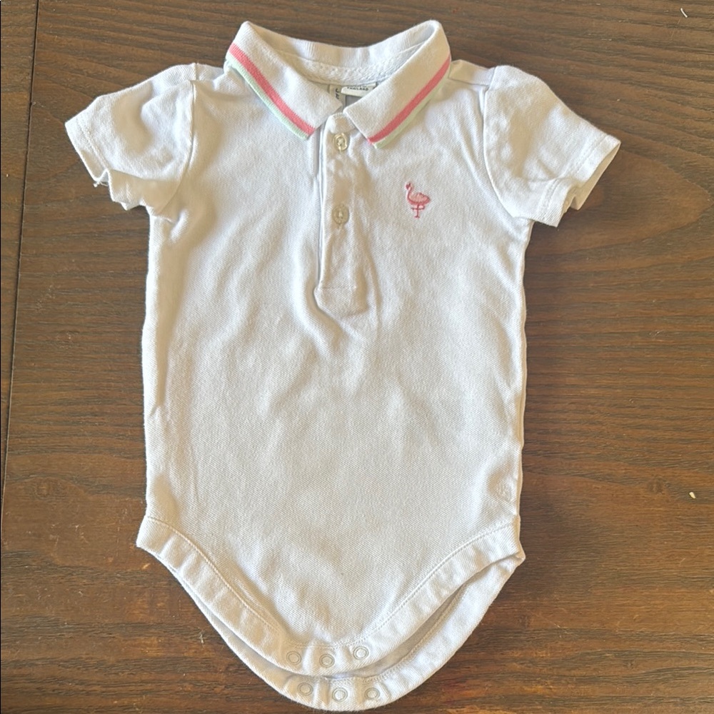 Janie & Jack 100% cotton White Polo Baby Onesie with Pink Flamingo Logo